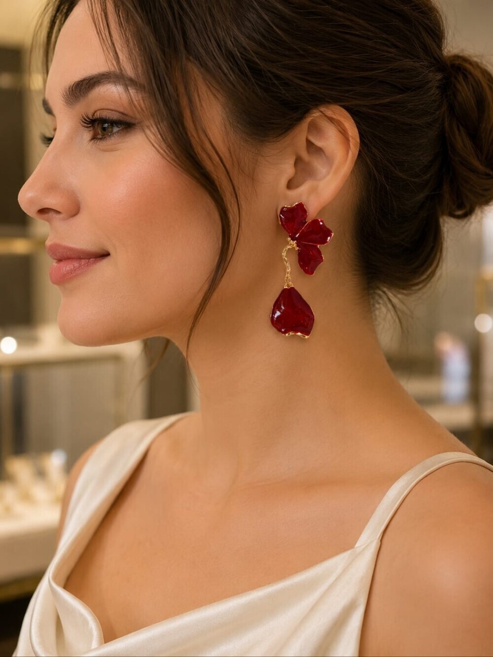 Elegant Ruby Red Floral Statement Earrings | Gold Tone Designer-Inspi